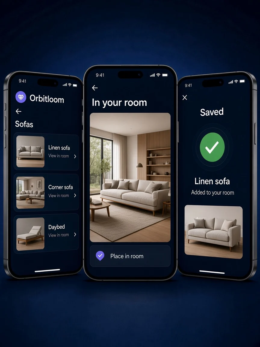 Case study view of Orbitloom on three phones: sofa list, placement in a room, and a saved piece