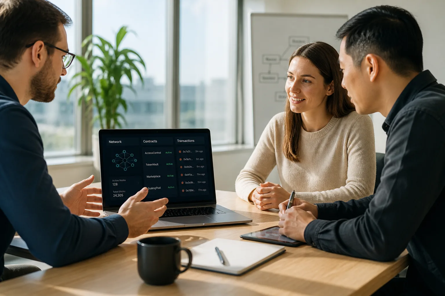 US team discussing a blockchain development project