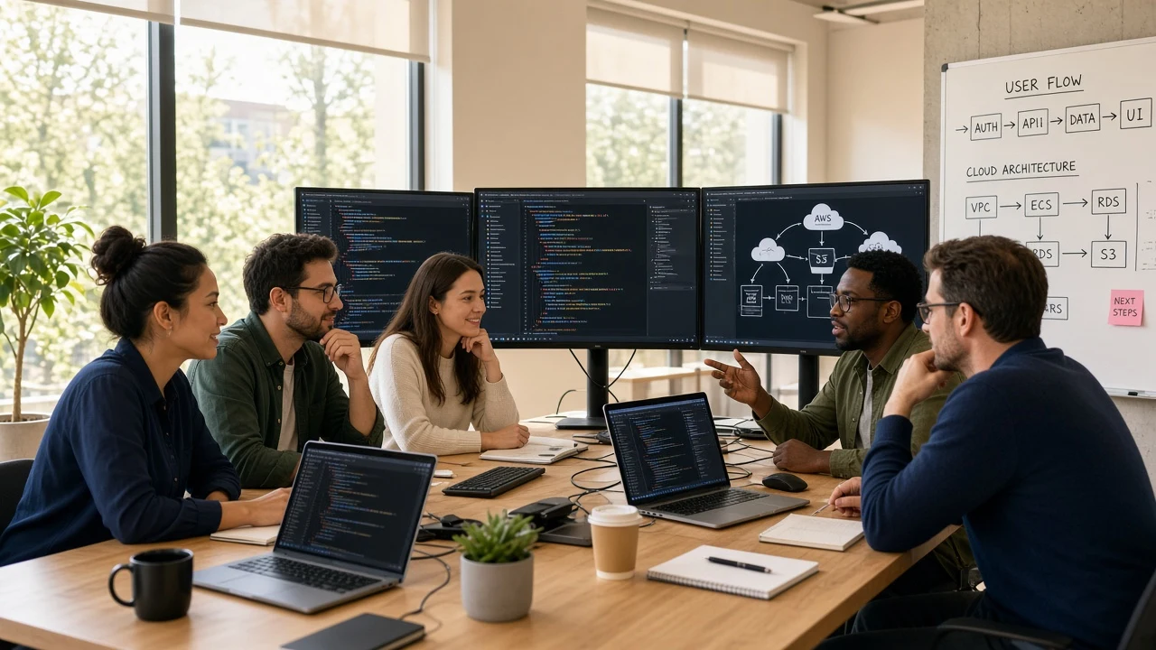 Team discussing a full stack development project