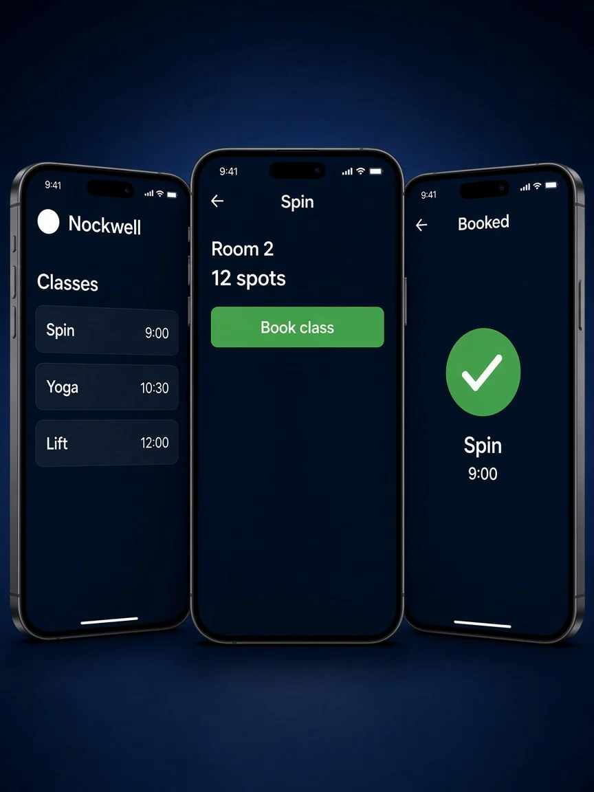 Case study view of Nockwell on three phones: class list, spin booking, and booked confirmation