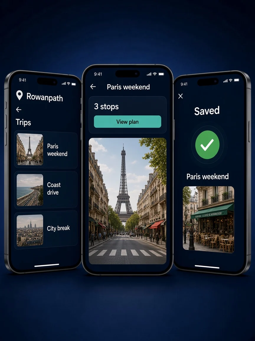 Case study view of Rowanpath on three phones: trip list, Paris weekend plan, and saved confirmation