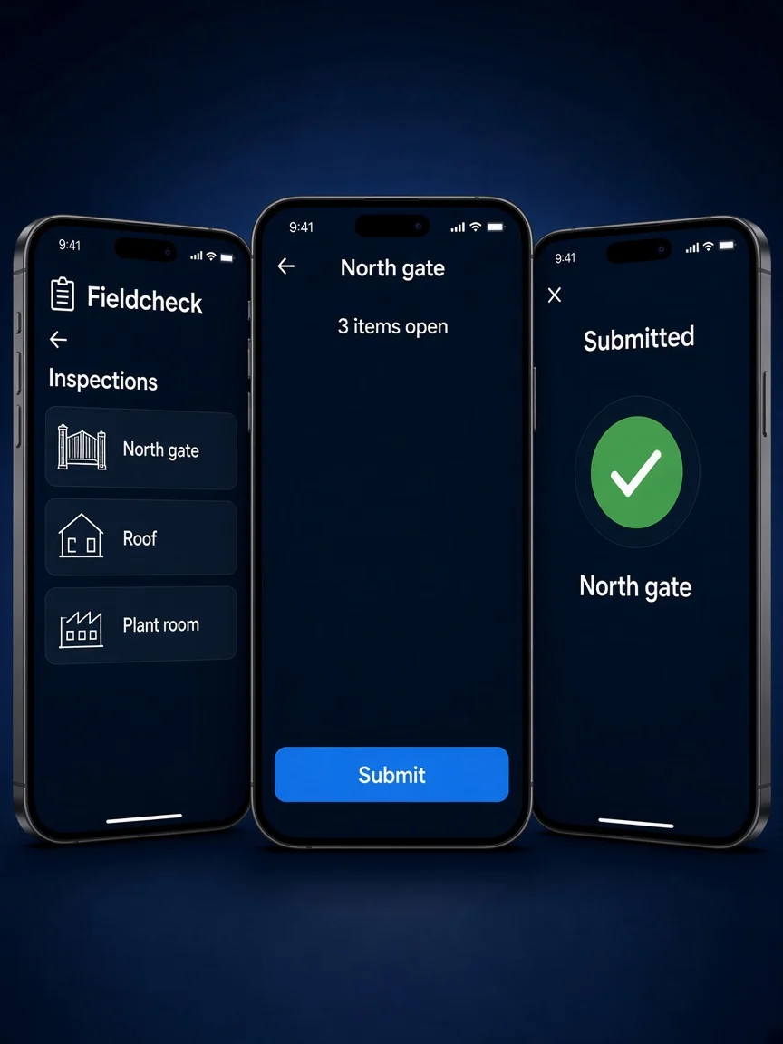 Case study view of Fieldcheck on three phones: inspections, the North gate checklist, and a submitted report