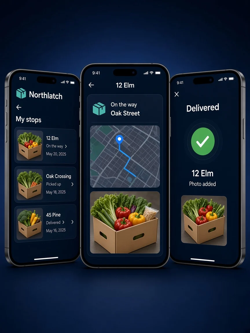 Case study view of Northlatch on three phones: stops, live route, and delivered confirmation