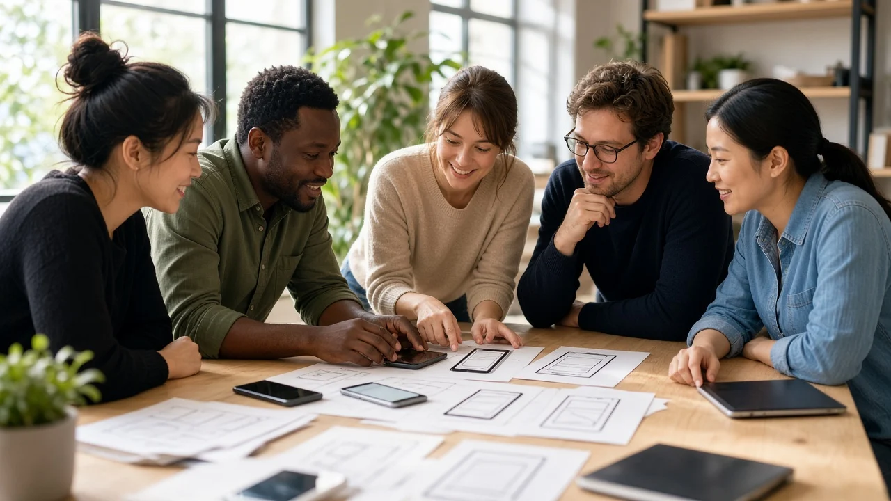 Bright modern mobile app product discussion with business team