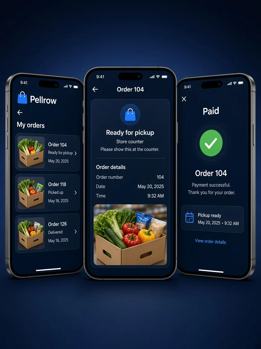 Case study view of Pellrow on three phones: orders, pickup, and paid confirmation