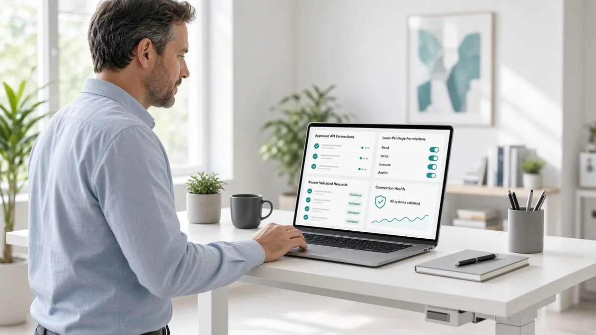 Architect reviewing approved API connections and least-privilege controls for an AI agent in a bright office