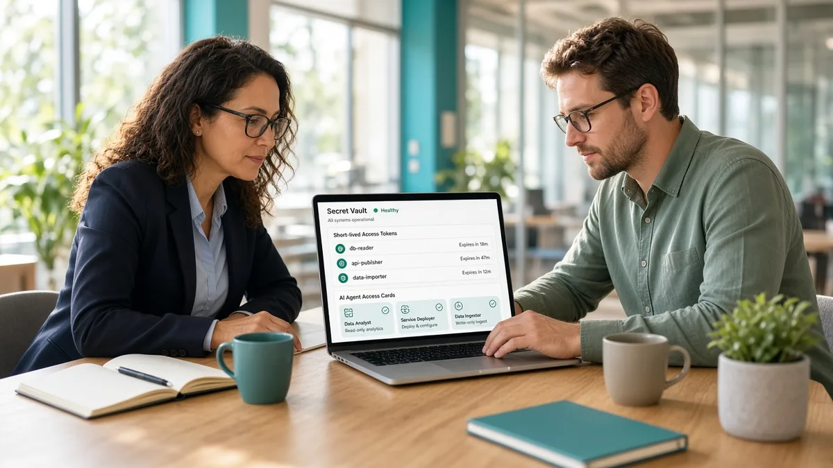 Security specialist and engineer reviewing secret-vault status and role-based access for an AI agent in a bright meeting nook