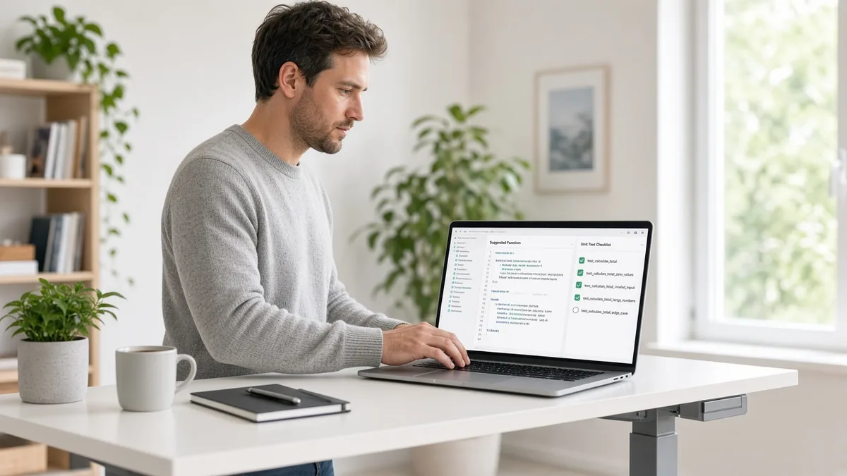 Engineer reviewing AI-suggested code and unit tests on a laptop in a bright office
