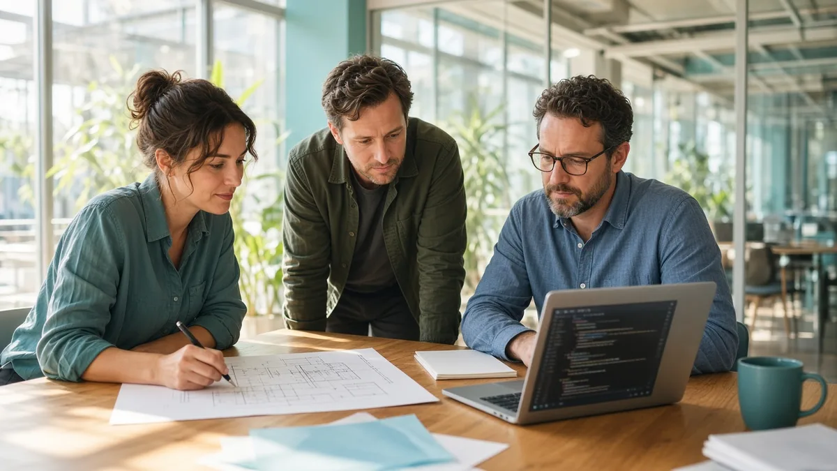 Engineering team reviewing architecture sketches and a code review together in a bright meeting nook