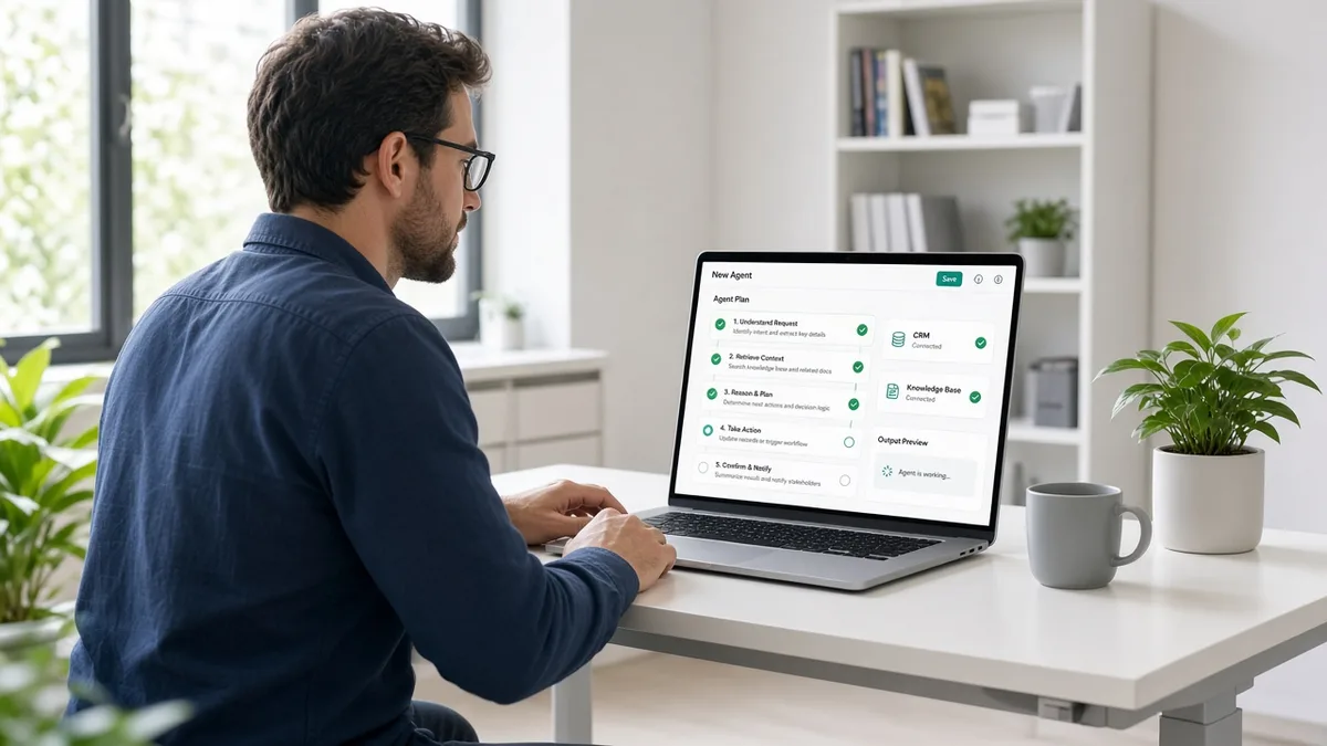 Engineer reviewing a multi-step AI agent plan connected to CRM and knowledge-base cards in a bright office