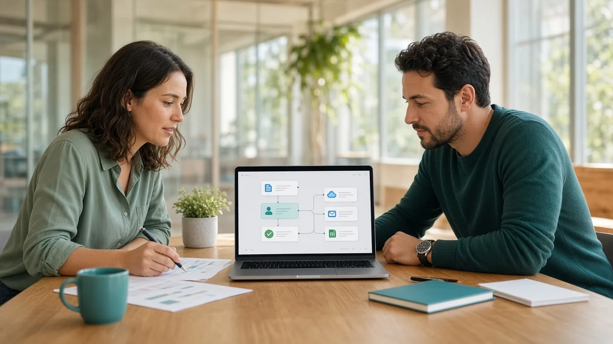 Product manager and engineer reviewing an automation flow with a human approval step in a bright meeting nook