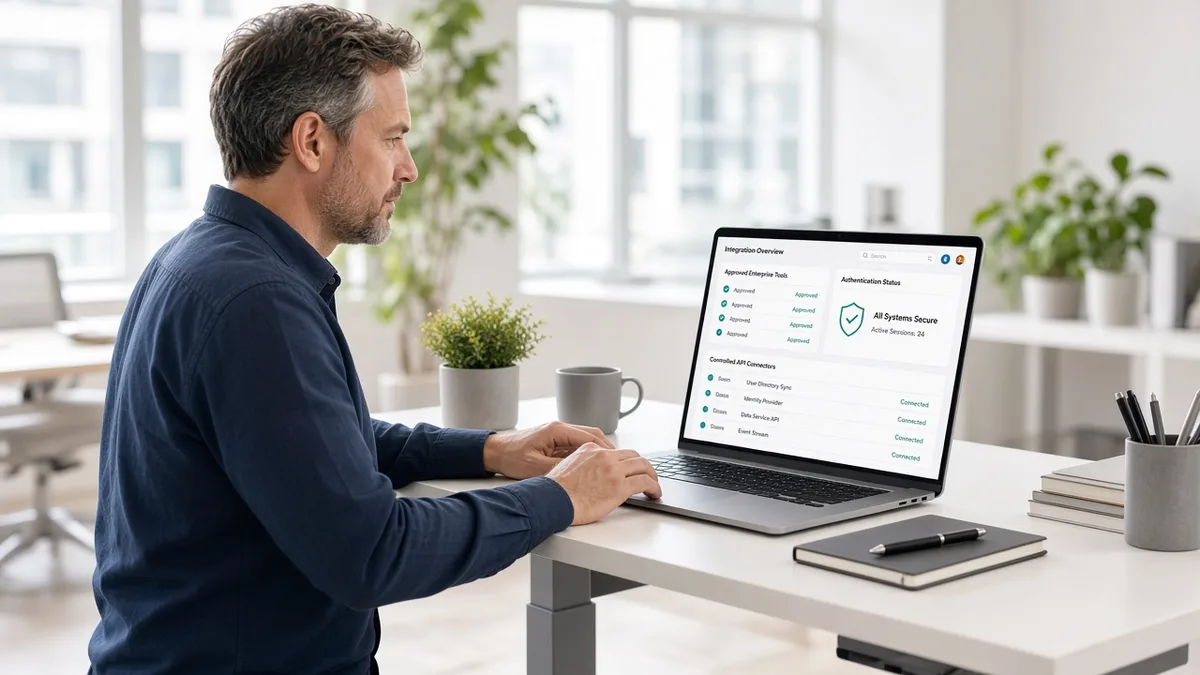 Architect reviewing approved enterprise tools, authentication status, and controlled API connectors in a bright office