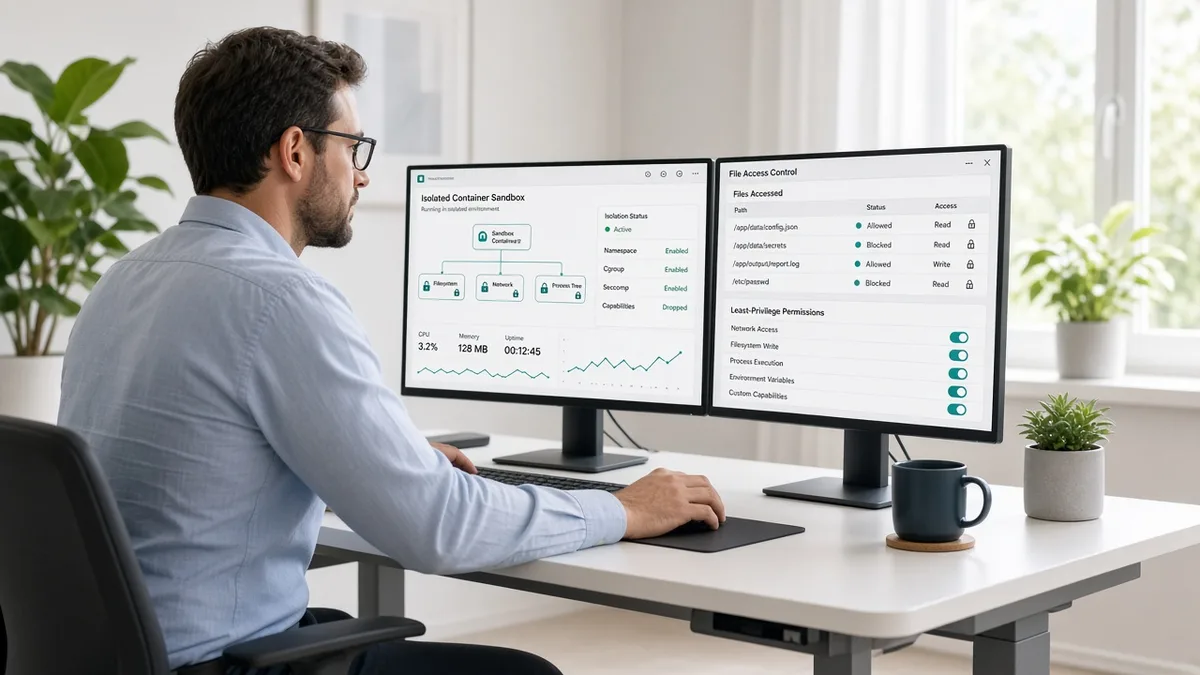 Security engineer reviewing AI agent sandbox permissions and container isolation dashboards in a bright office