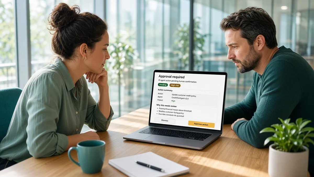 Product manager and engineer reviewing a human approval workflow for a high-risk AI agent action in a bright meeting nook