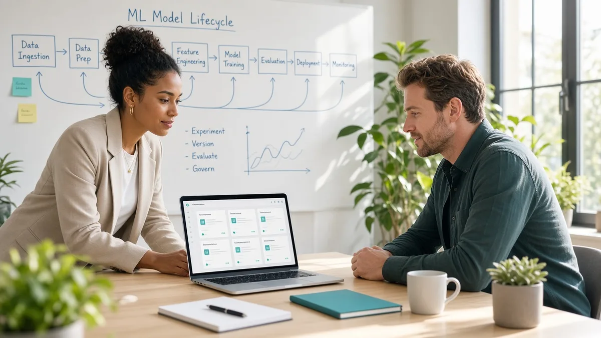 Consultants reviewing a machine learning lifecycle whiteboard and laptop dashboards in a bright meeting room