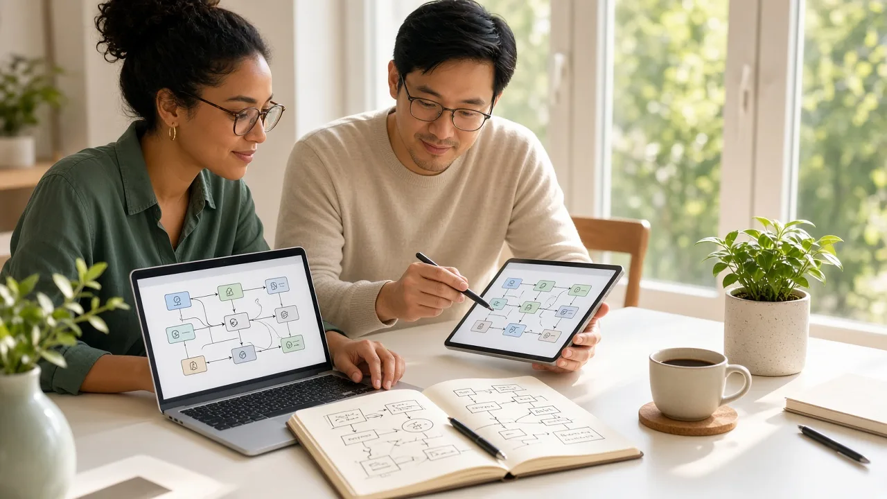 Engineers reviewing multi-agent workflow diagrams on a laptop and tablet in a bright sunlit workspace