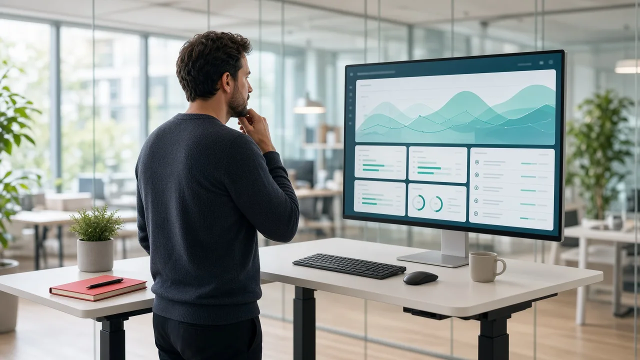 Developer reviewing AI agent observability dashboards on a monitor in a bright modern office