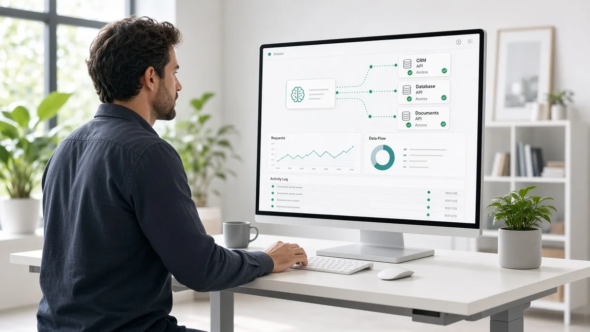 Architect reviewing MCP-style AI tool and data connectivity dashboards in a bright enterprise office
