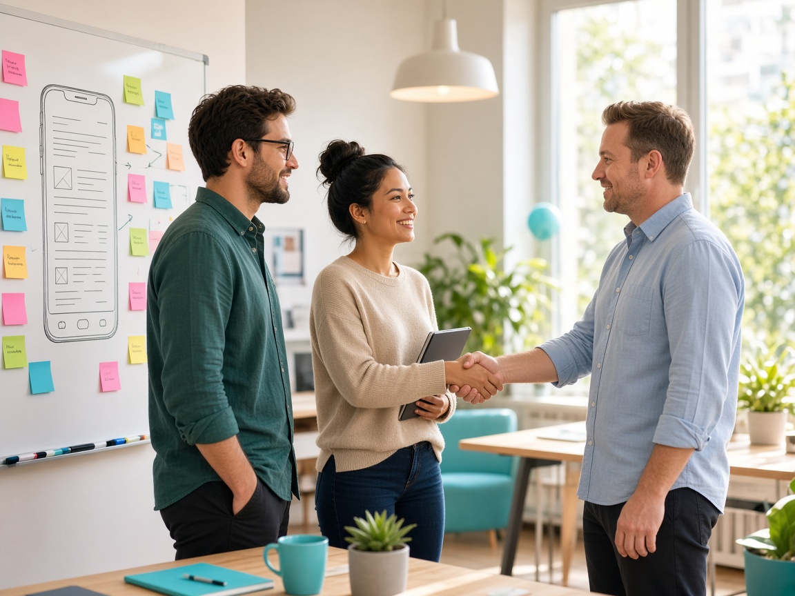 Client and developers agreeing on a mobile app project timeline in a bright office