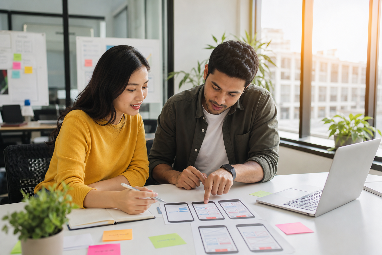 UX designer and mobile developer collaborating over phone mockups in a bright office