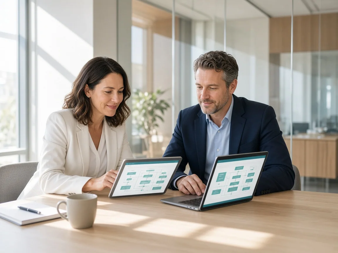 Consultants reviewing automation governance diagrams on a tablet and laptop in a bright modern meeting room