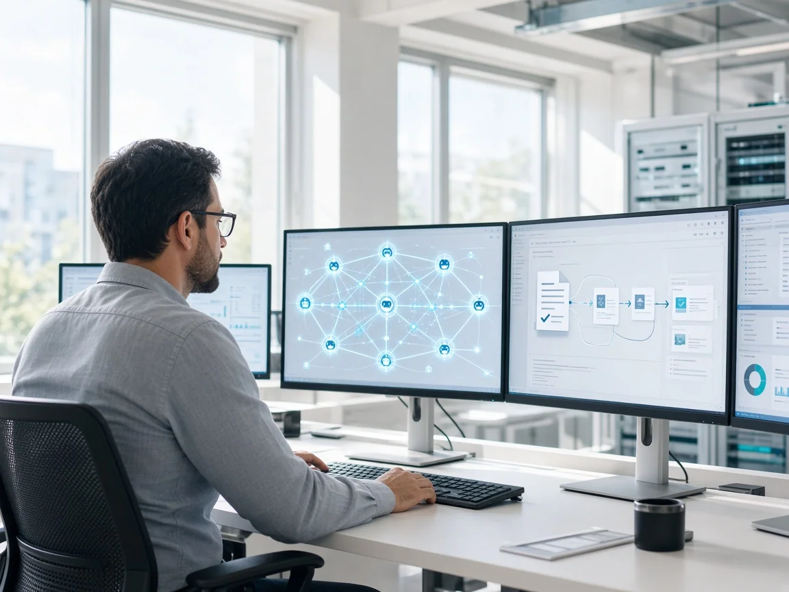 Engineer monitoring bot orchestration and intelligent document processing dashboards in a bright operations center