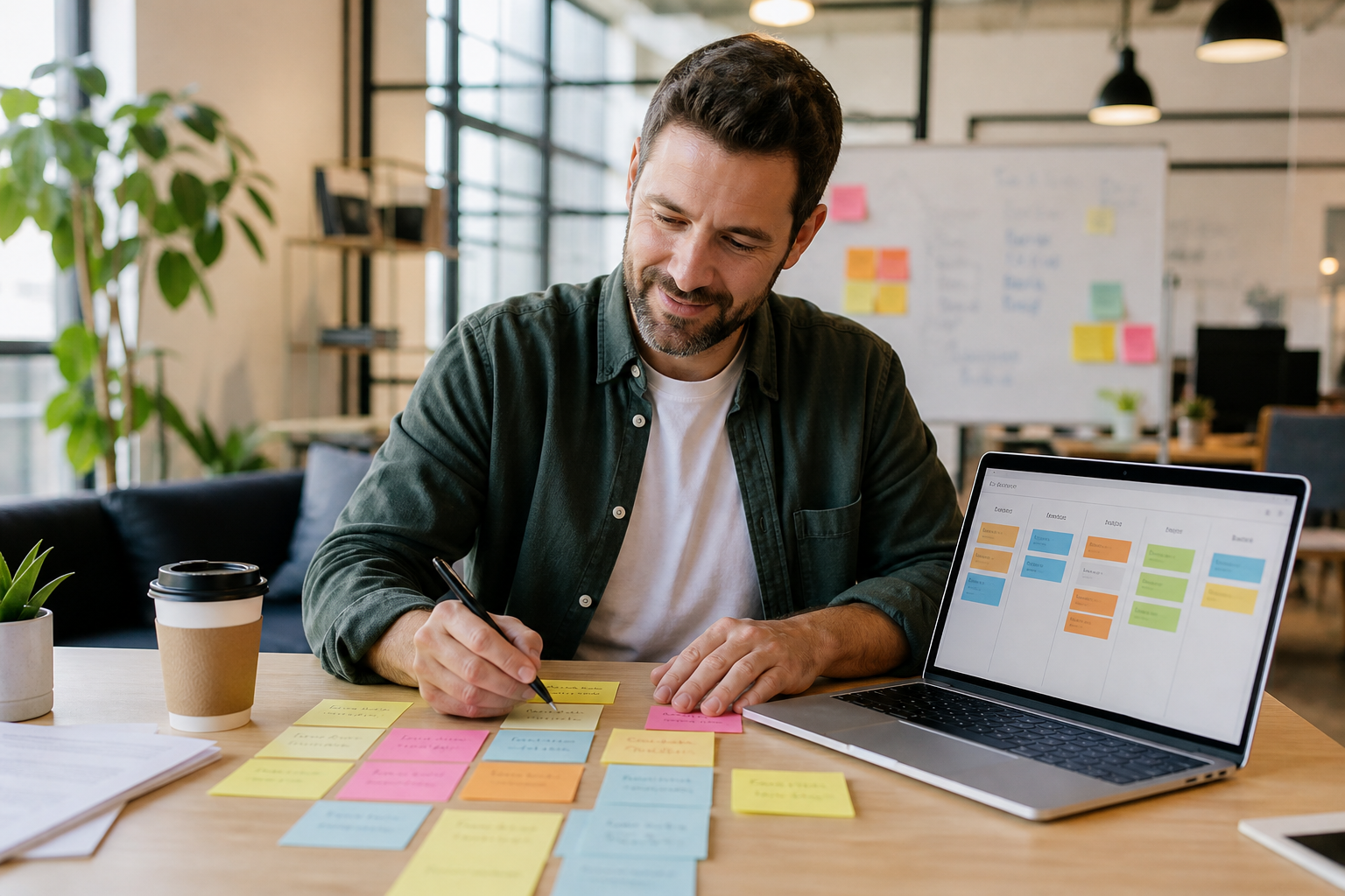 Project manager estimating software development costs in a bright coworking space