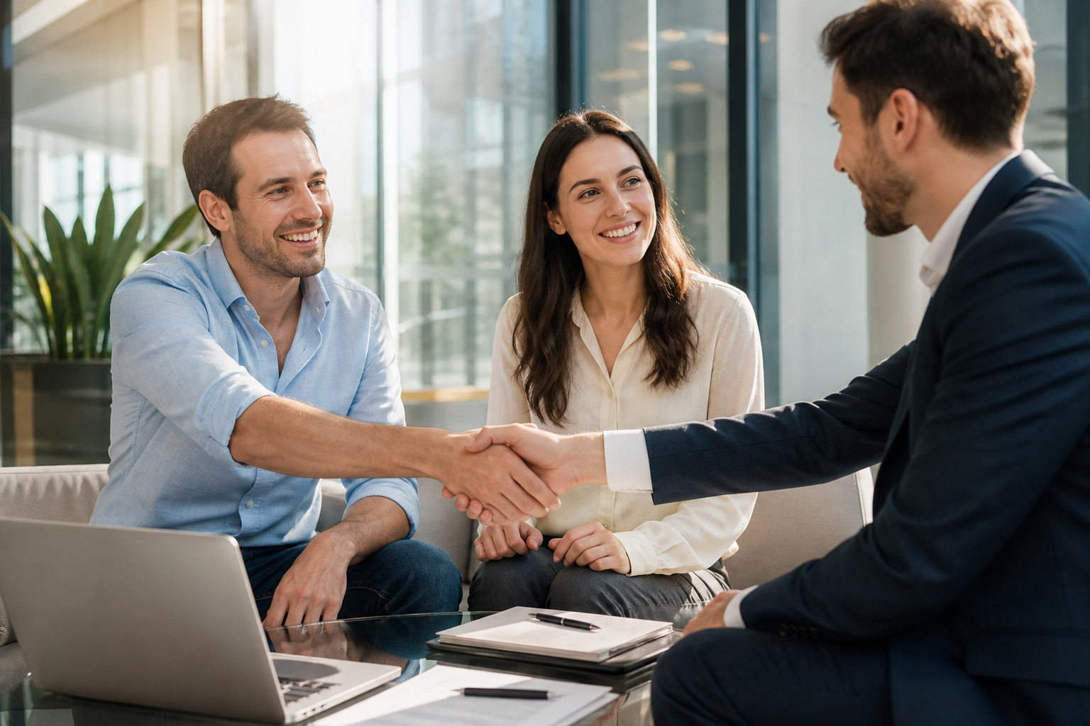 Client and developers agreeing on a software project timeline in a bright office