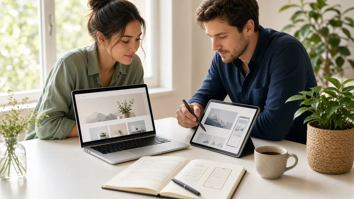 Designers reviewing responsive website mockups on a laptop and tablet in a bright studio