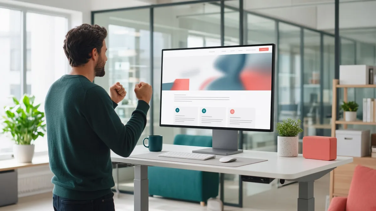 Developer launching a polished business website from a bright modern office workstation