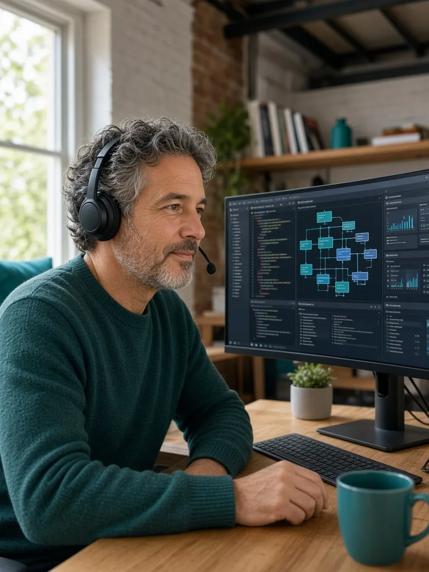 Senior web engineer collaborating remotely with USA business