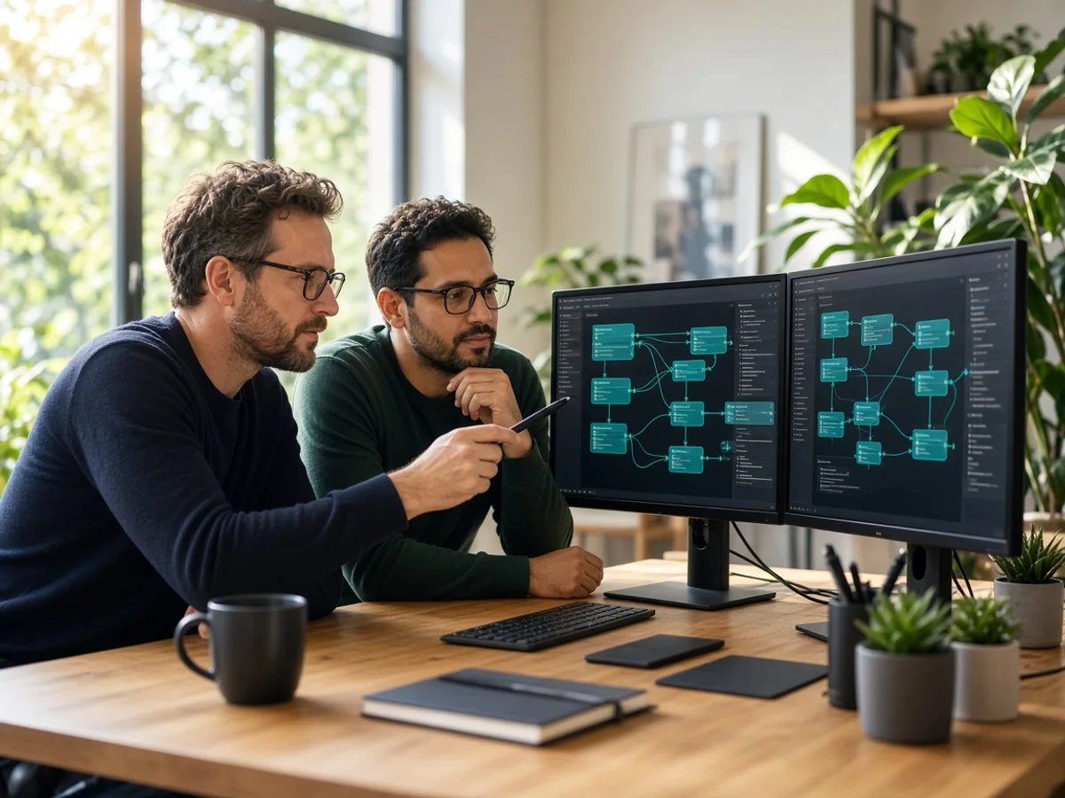 Experienced AI agent developers collaborating on product delivery