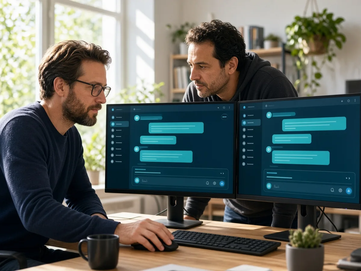 Experienced AI chatbot developers collaborating on product delivery