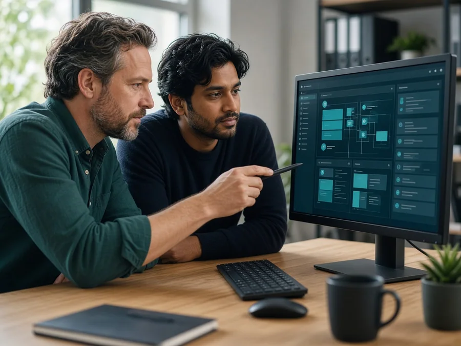 Experienced frontend developers collaborating on interfaces