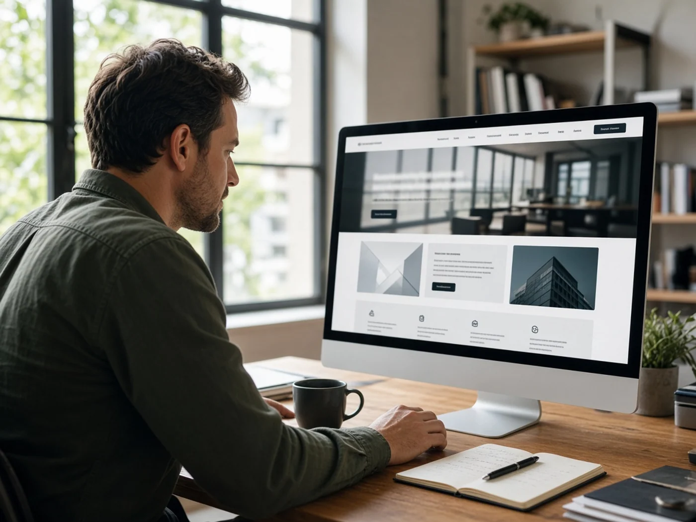 Web developer designing a modern business website on a desktop computer
