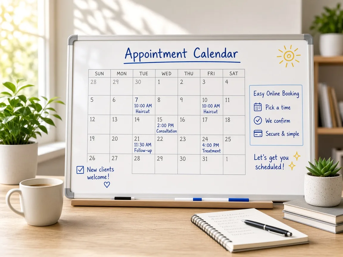 Appointment booking app concept showing customer scheduling, provider calendars, payments, reminders, and business management