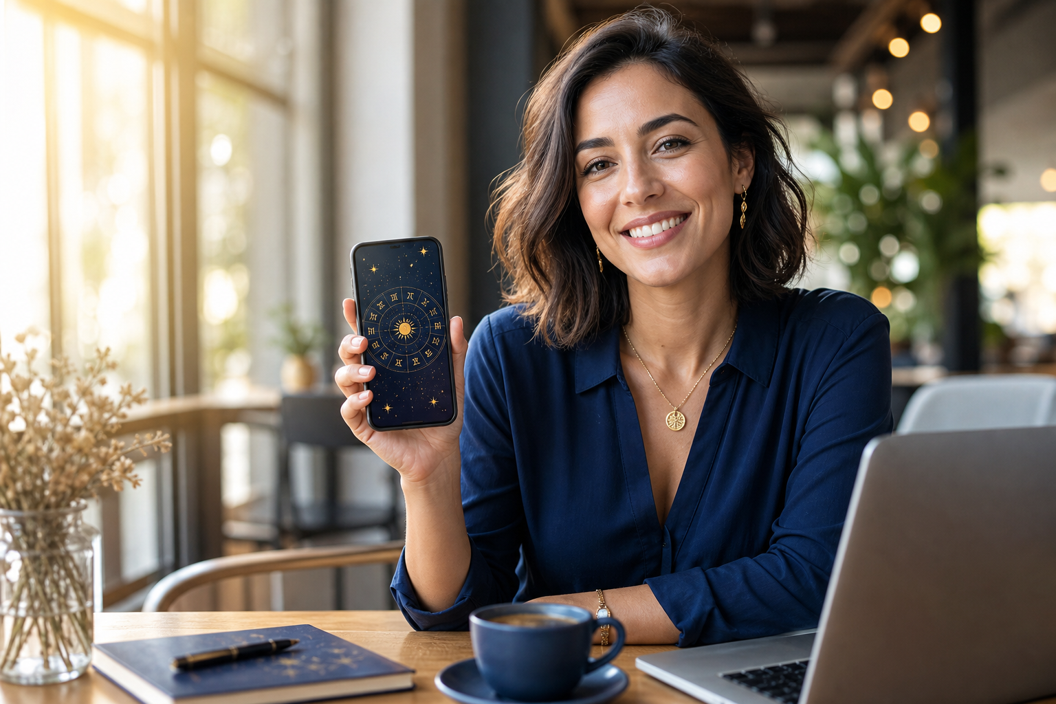 Person exploring a bright astrology app with horoscope and birth chart insights on a smartphone in a warm modern workspace