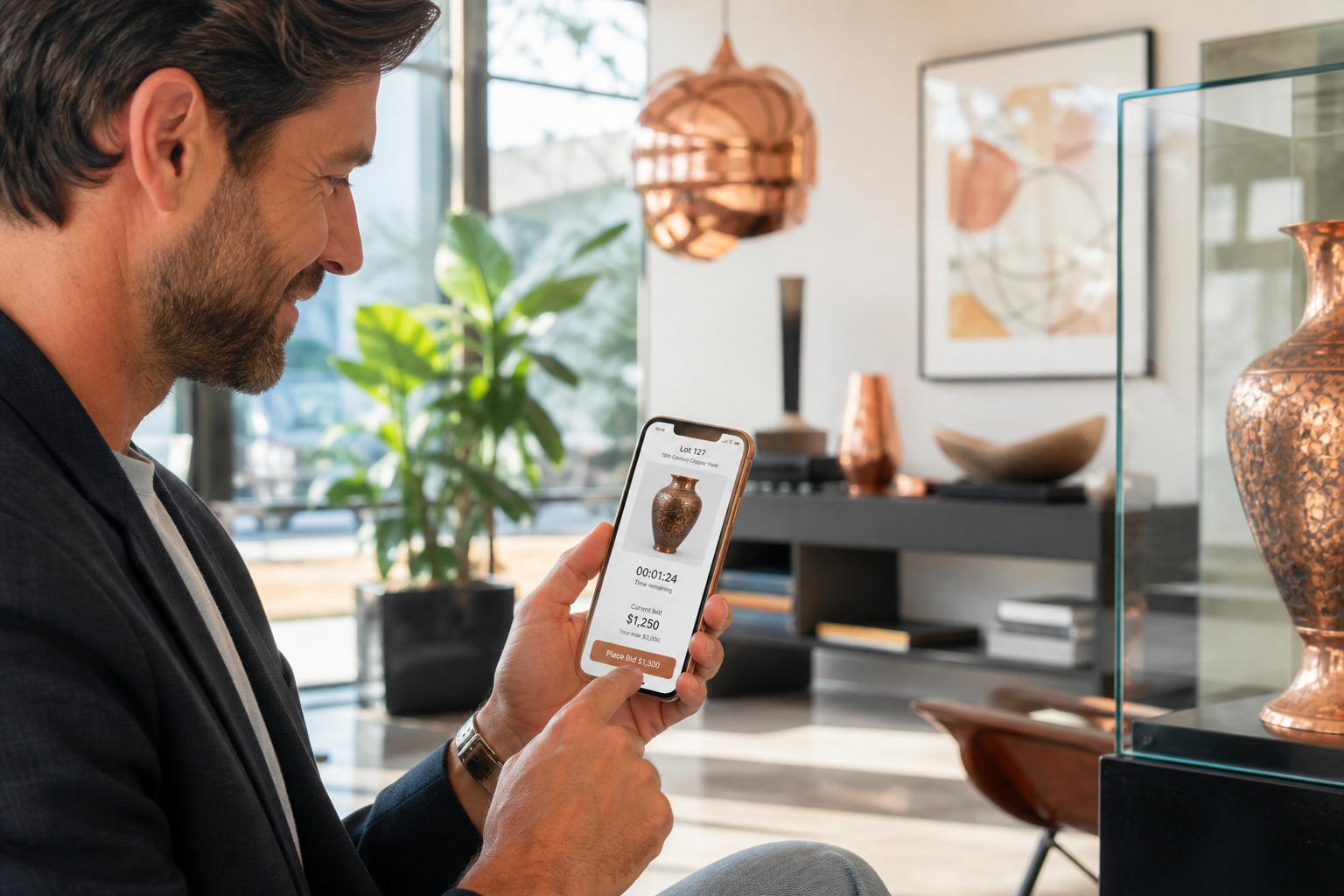 Person placing a live bid on a bright auction marketplace app with countdown timers and lot details on a smartphone in a modern bidding room