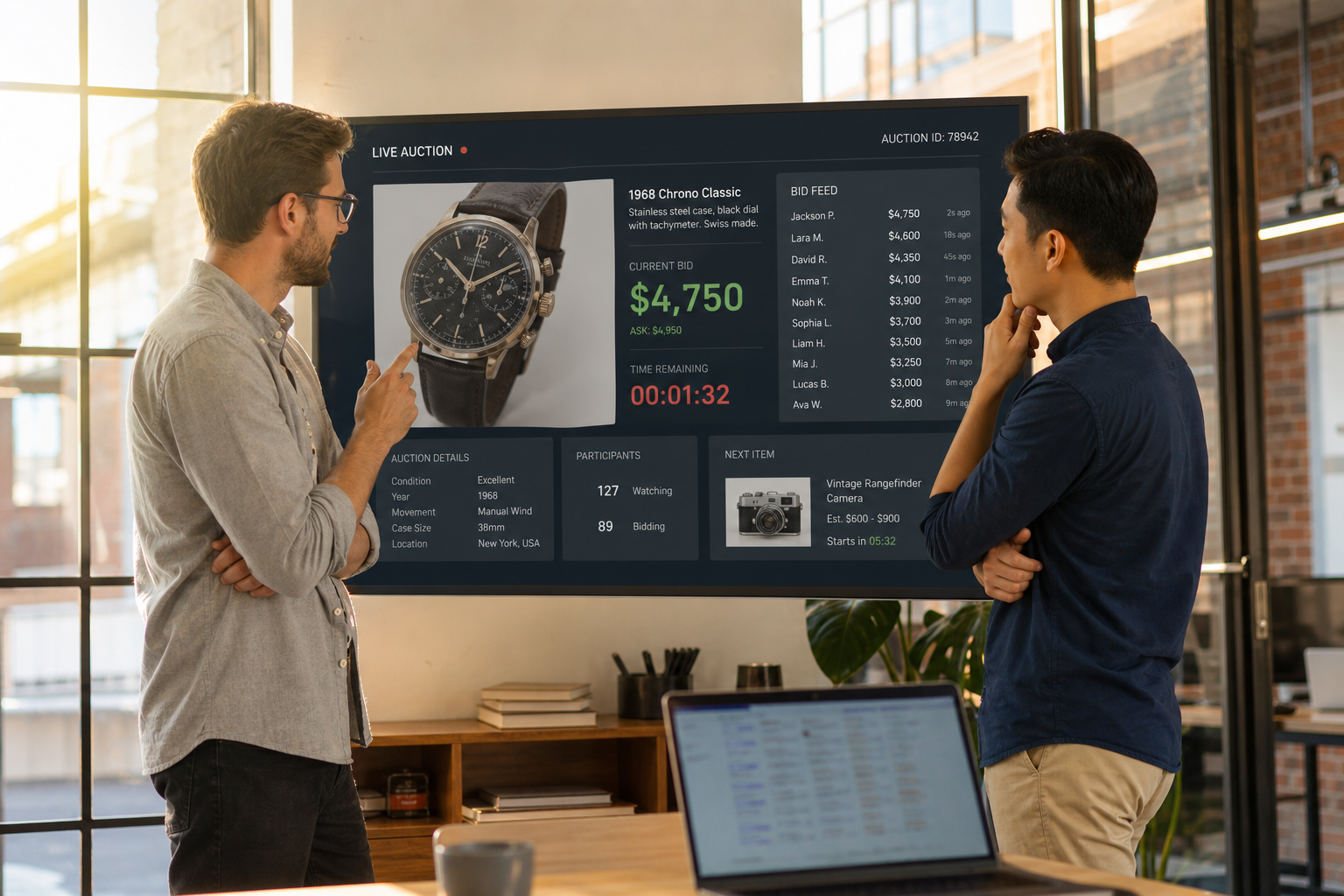 Auction technology team planning real-time bidding marketplace listings seller management secure payments bidder verification notifications analytics and auction administration