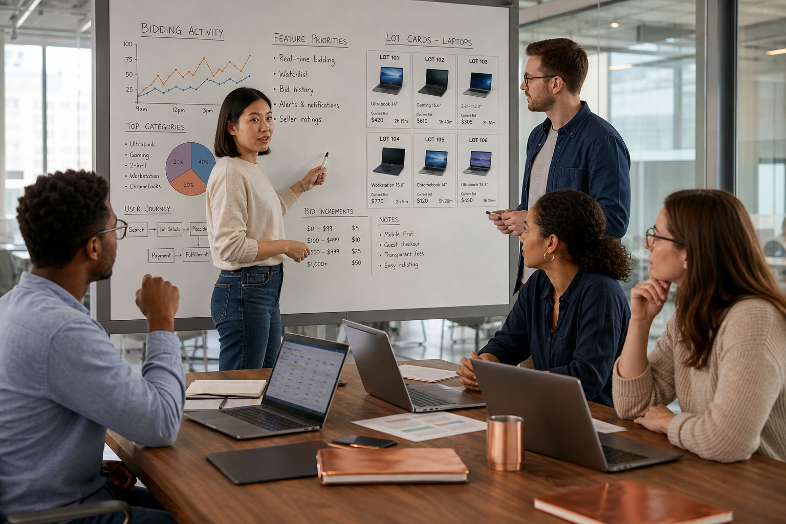 Auction technology team planning real-time bidding marketplace listings seller management secure payments notifications analytics and auction administration