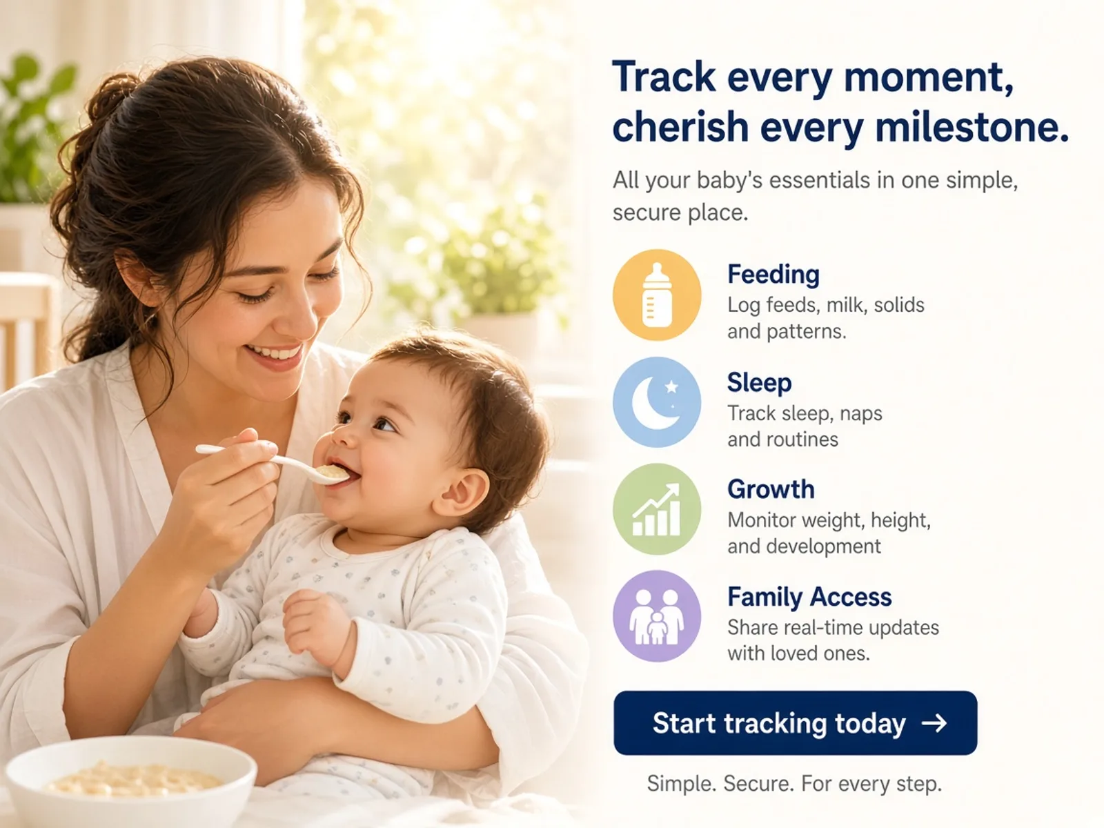 Baby tracking app concept showing feeding logs, sleep tracking, growth monitoring, milestones, reminders, caregiver access, and family dashboards