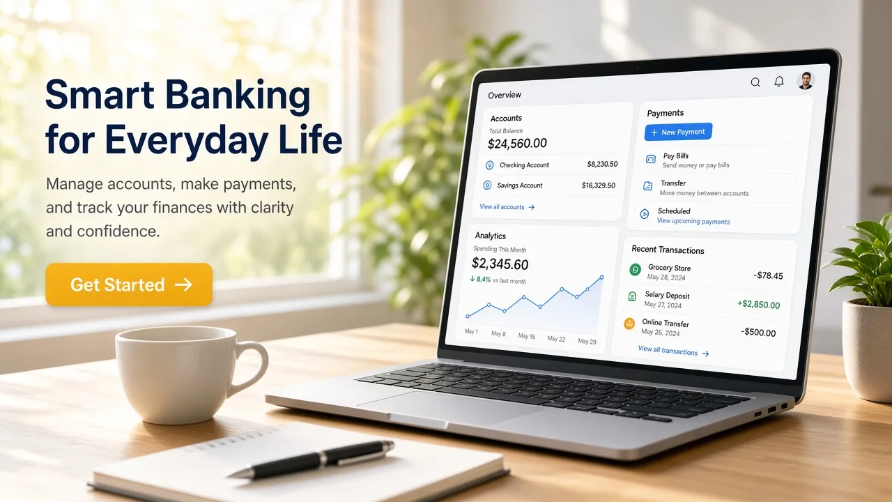 Banking software concept showing digital accounts, secure payments, financial transactions, analytics, customer services, and administration