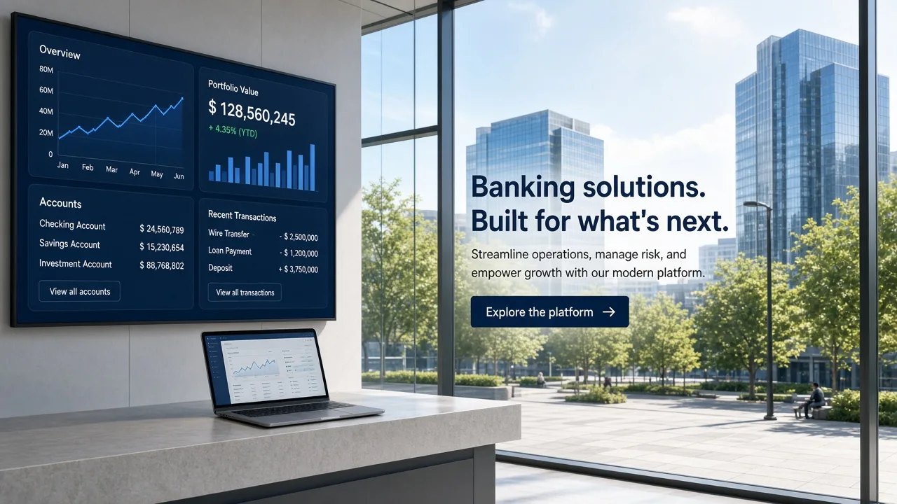 Modern banking software platform connecting customers, financial accounts, payments, transactions, analytics, and administrative operations