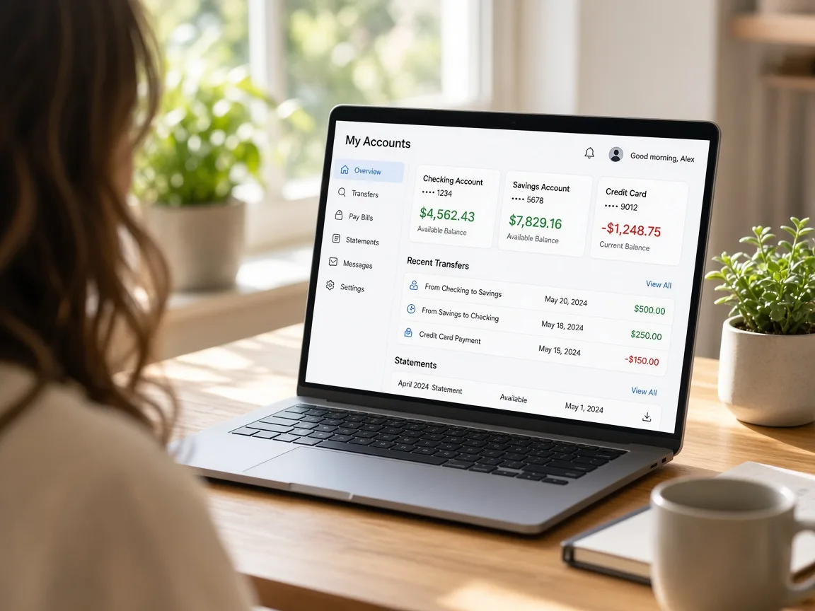 Digital banking software showing account balances, transfers, transaction history, statements, and customer financial services