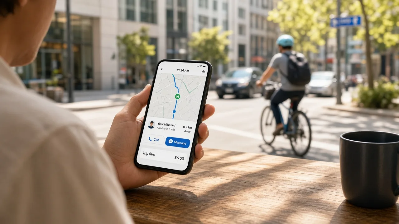 Bike taxi platform showing rider booking, driver assignment, live location tracking, navigation, payments, and ride management