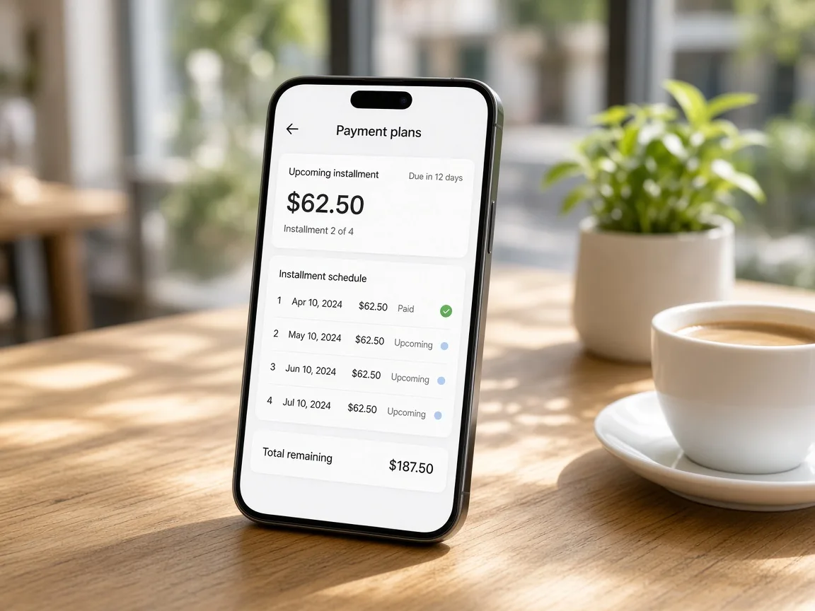 BNPL customer app showing payment plans, purchase financing, installments, transactions, and account management