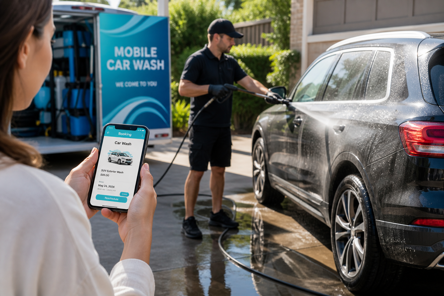 Customer booking a doorstep car wash on a smartphone with live technician tracking and service packages on a bright modern driveway