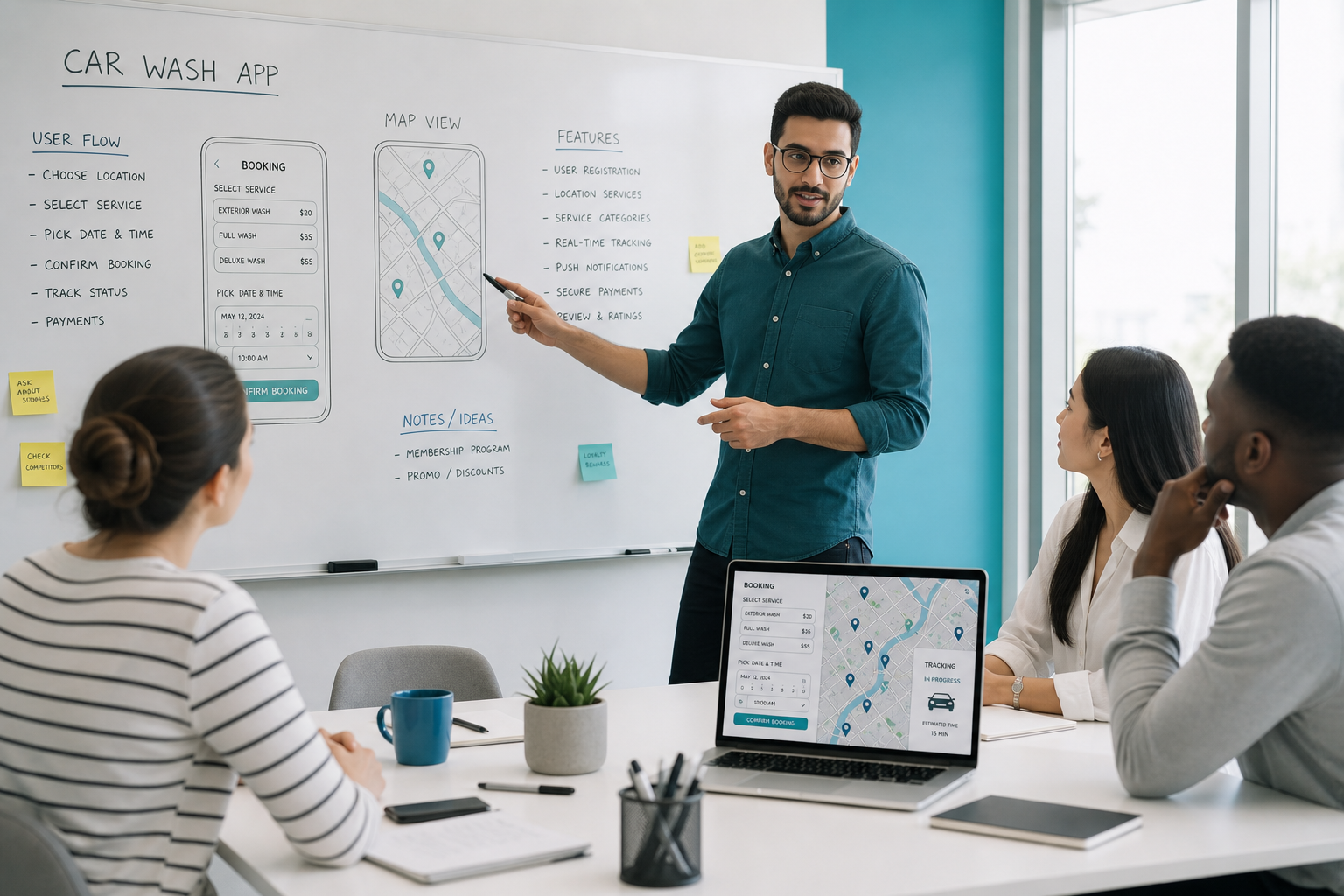 Car wash technology team planning online booking location tracking service packages payments staff management notifications analytics and administration