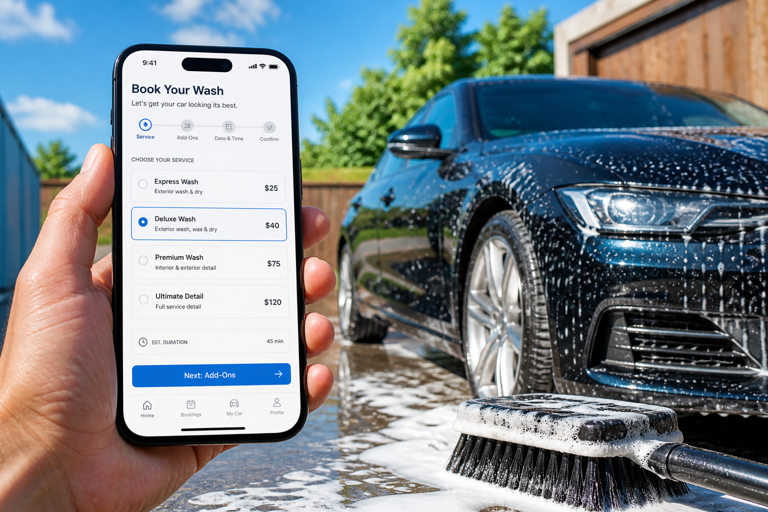 Custom car wash application with service booking vehicle profiles payments location tracking and service management