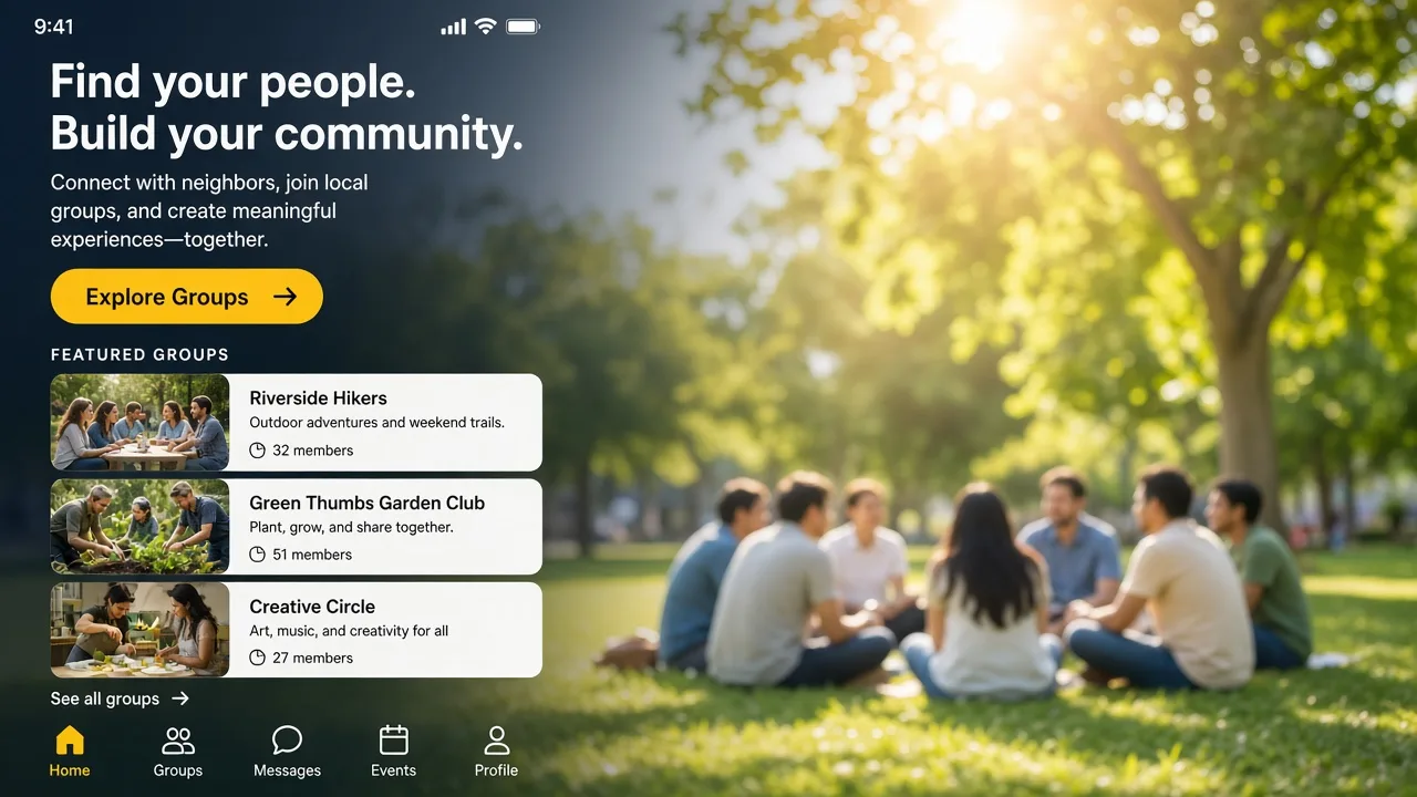 Community app concept showing member profiles, groups, discussions, messaging, events, content sharing, and community management